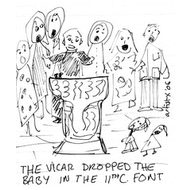vicar drops baby in font T shirt